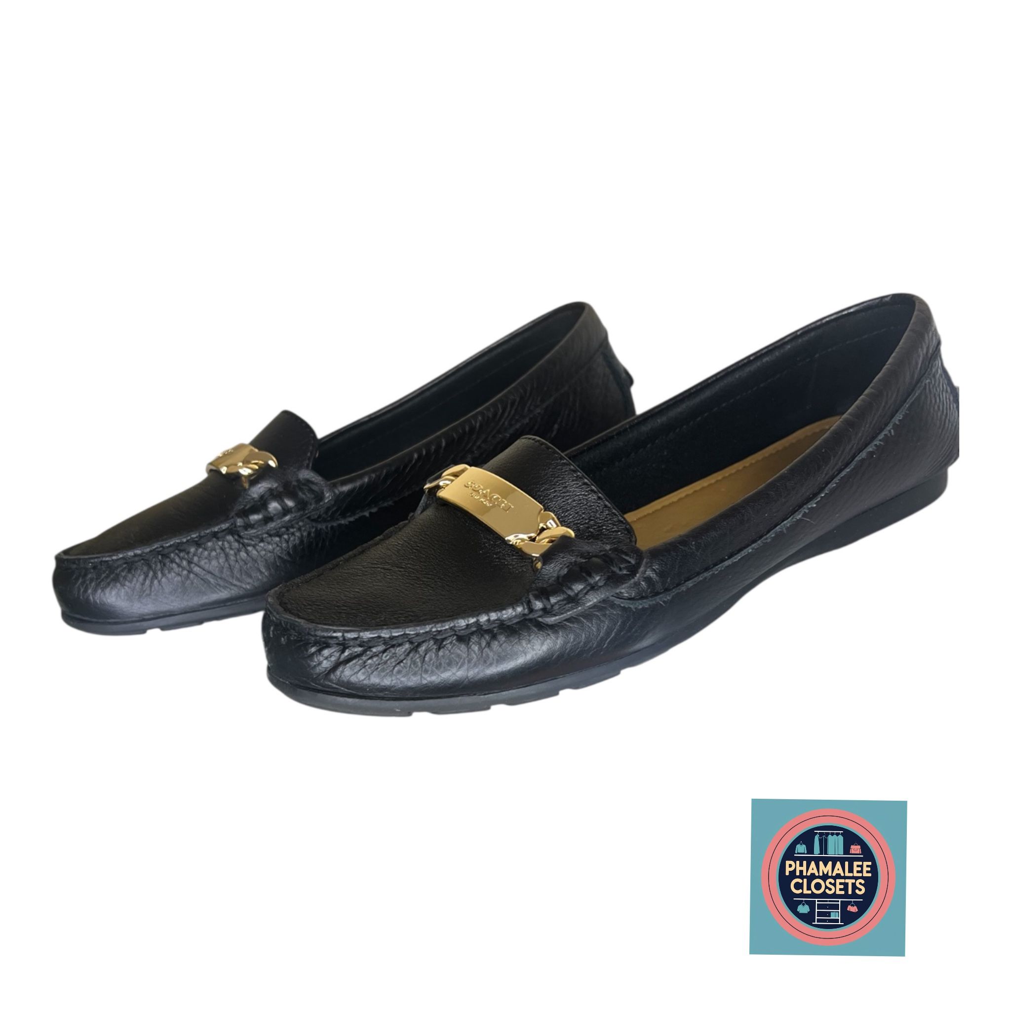 Coach Black leather loafers with gold-tone plate