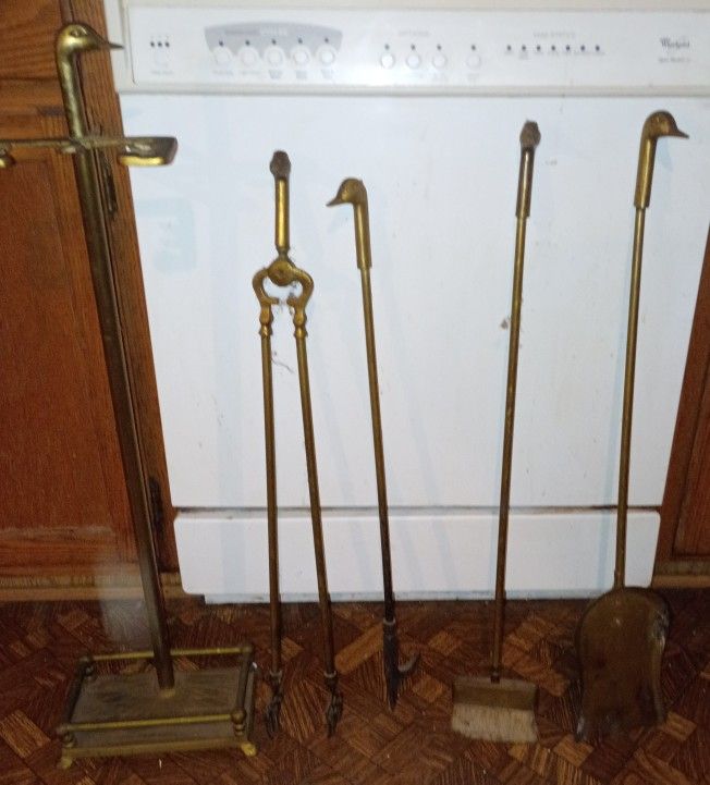 Antique Brass Chimney Cleaning Set And Fireplace Screen