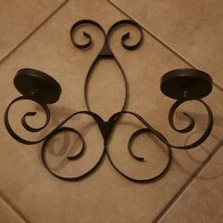 BLACK ORNATE SCROLL METAL HANGING ACCENT WALL DECOR DOUBLE CANDLE HOLDER SCONCE