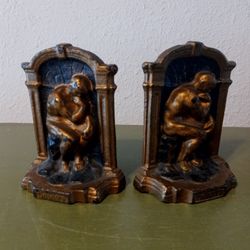 Vintage Solid Brass Thinker Bookends 5.5"