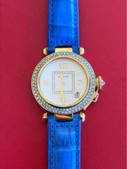 Pasha de Cartier 18k yellow gold Automatic 35mm Blue & Red Leather Band 1035 Diamond Bezel White Roman Dial  Watch Box Appraisal