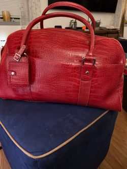 Red Croc-Embossed Leather Satchel Bag