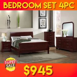 New Cherry Queen Bedroom Set 4pc ( Bed, Dresser, Mirror, Nightstand) - Delivery Available 