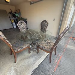 Elegant Ornate Round Glass-Top Dining Set – 4 Chairs + Table