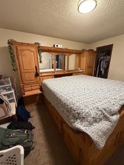 Vintage Oak Bedset w/ armoire and tall dresser and under bed storage /mattress not included