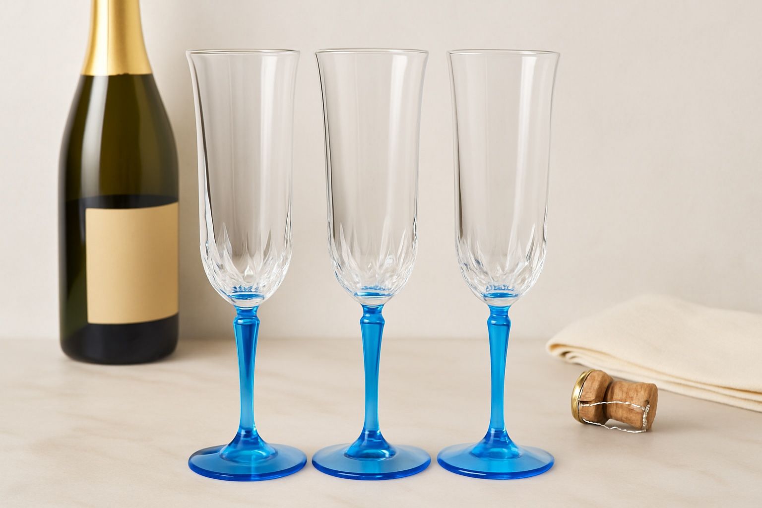 St. George USA 1980s 3 Cut Glass Aquamarine Stem Champagne Flutes, 8.5x2.25”