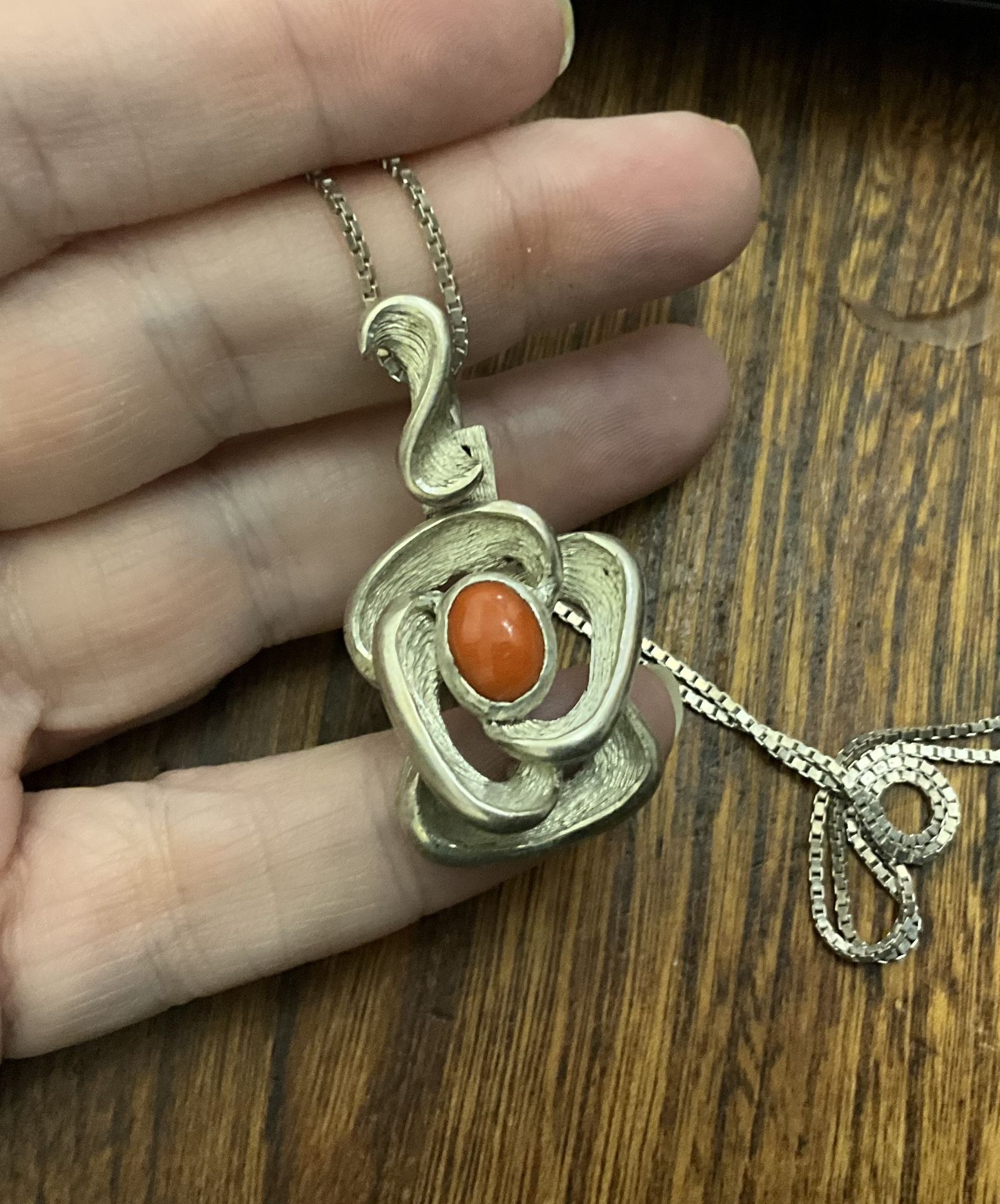 Vintage Heavy Sterling Silver Coral Rose Pendant With 20 Inch Chain 14.7 Grams