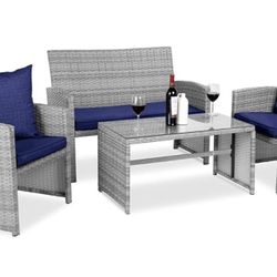 Gray/ Navy 4-piece Outdoor Wicker Patio Furniture 