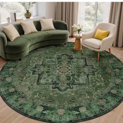 Green Large Round Area Rugs for Living Room 8ft, Vintage Medallion Big Round Carpet 8 Feet Family Room