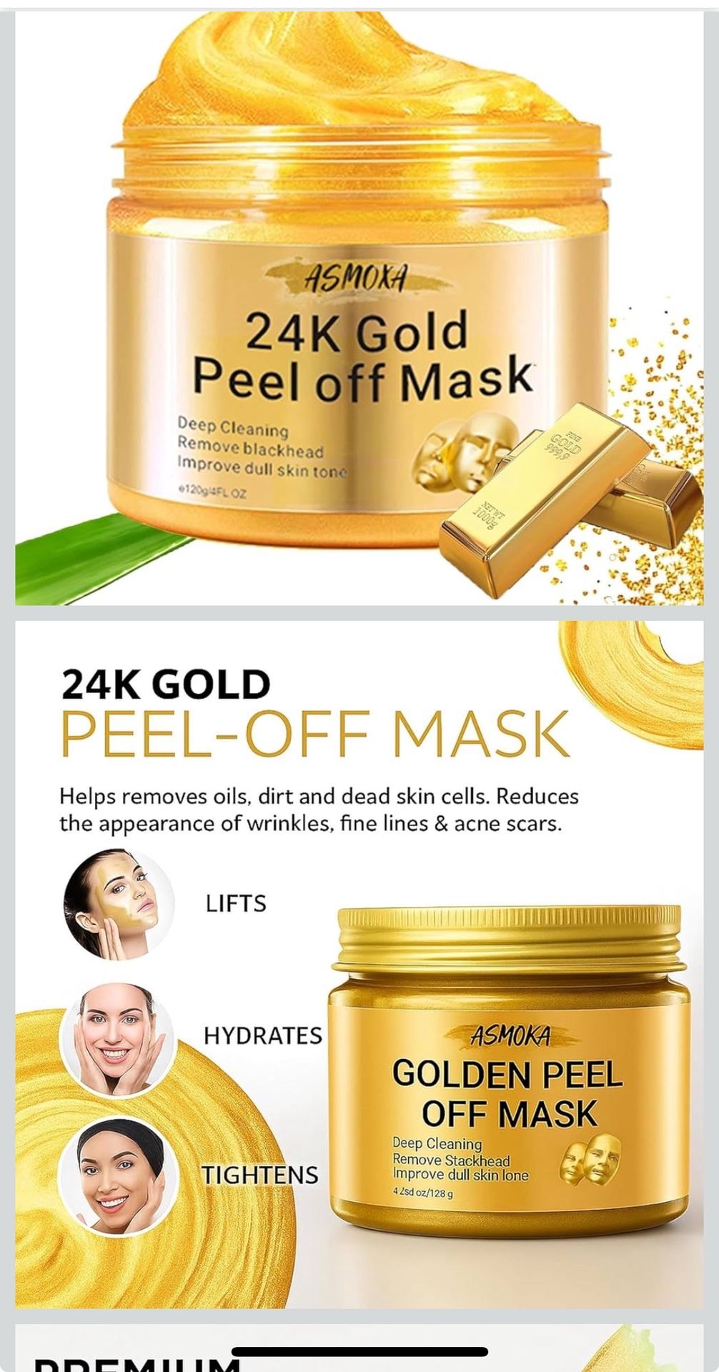 24K Gold Peel Off Mask,Collagen Face Mask, Hydrating Overnight Hydrogel Mask, Gentle Skin Care, Pore Minimizing, Elasticity Improvement