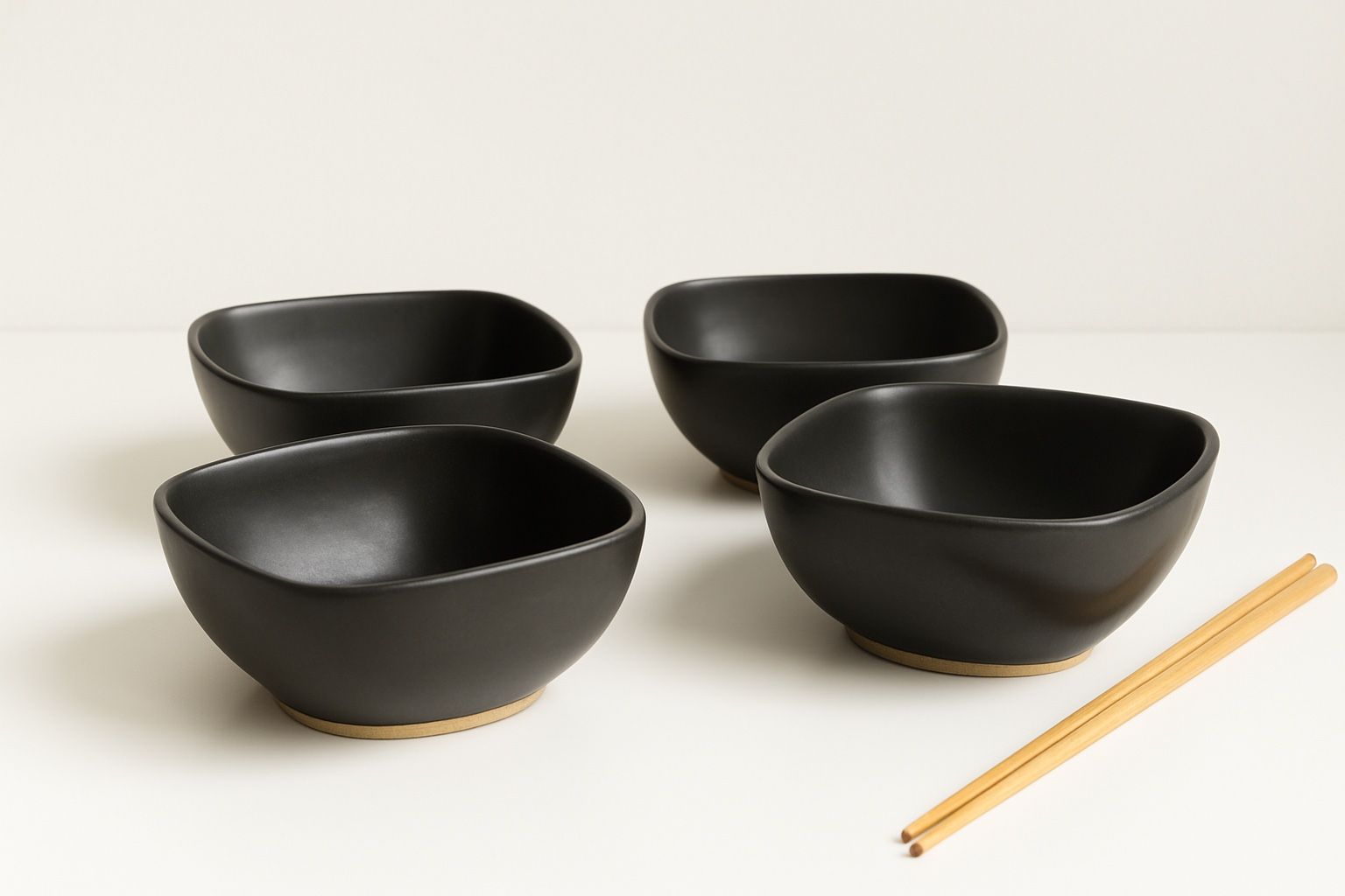 Japanes Vintage 1960s Mingei Style Set Of 4 Studio Pottery Black Clay Bowls