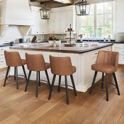 26 in. High Back Brown Faux Leather Solid Wood Frame Swivel Bar Stool Modern Counter Height Stool (Set of 4)