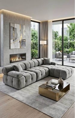 Gray Velvet Tufted Sectional Sofa| finance available $29 down