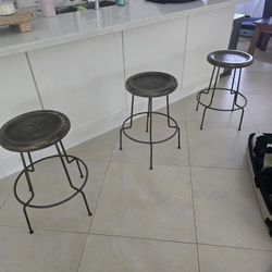 Trio of 3 cerused distressed oak and iron bar stools