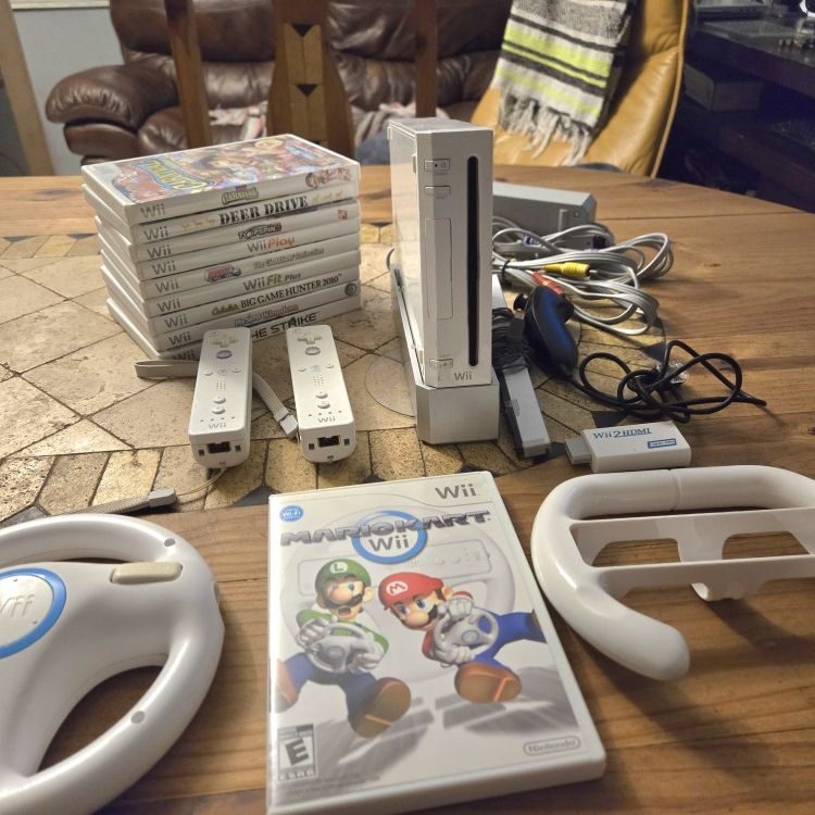 Wii Mario Kart Bundle. Racing Wheels, 2 Controllers, Nunchuck  Console, 10 Games,  HDMI  Converter, Loaded 