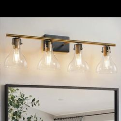 KAISITE 32 in. 4-Light Black and Gold Vanity Light with Clear Glass Shade Modern Bathroom Light Fixtures