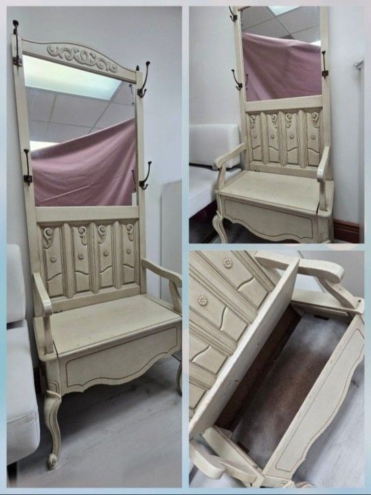 Wooden Chair With Mirror And Storage