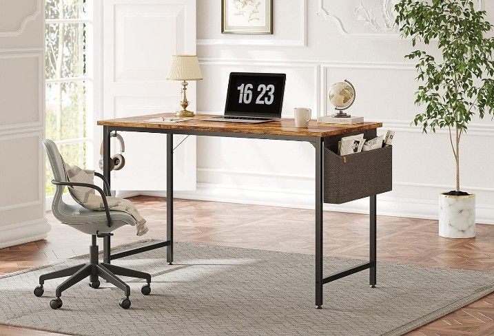 CubiCubi Study Computer Desk 55" Home Office Writing Small Desk, Modern Simple Style PC Table, Black Metal Frame, Rustic Brown