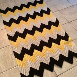 Handmade Crochet Chevron Afghan Blanket Yellow Black Off White 48” x 35” Machine Washable