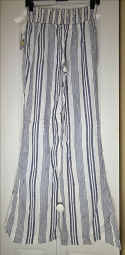 Stoosh Women's Linen/Rayon White Blue Striped Wide-Leg Pants Elastic Waist M