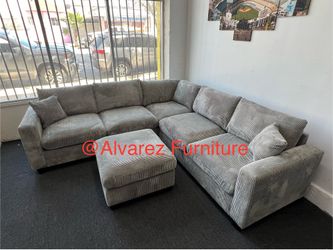 Corduroy sectional sofa with ottoman