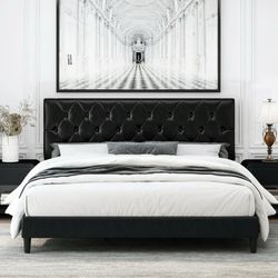 Queen Bed Frame, Black Faux Leather Upholstered Low Profile Platform Bed Frame with Adjustable Headboard