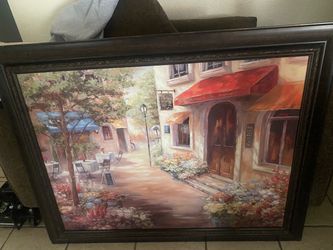 Large Framed European Street Scene Wall Art