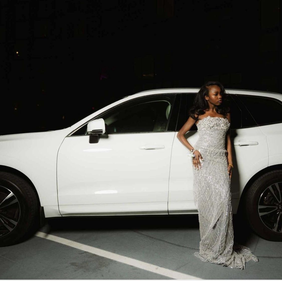 Silver beaded strapless prom dress