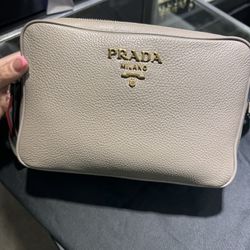 Prada Argilla Grey Vitello Phenix Leather Double Zip Crossbody Bag