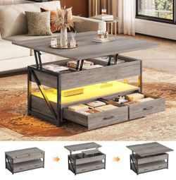 40" Lift Top Coffee Table with 2 Drawers Storage for Living Room Grey 4 in 1 Expandable Coffee Table with 2 Drawers & LED Light & Hidden Compartmen fo