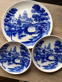 3 Vintage Nasco China Lakeview Blue Dinner Plates Hand Painted ~ Japan excellent