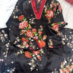 Jones New York Kaftan Lounge Wear Nightgown Kimono Style Black/Red Floral M EUC