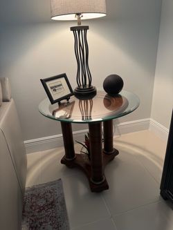Round Glass Top Coffee Table with Wood Base