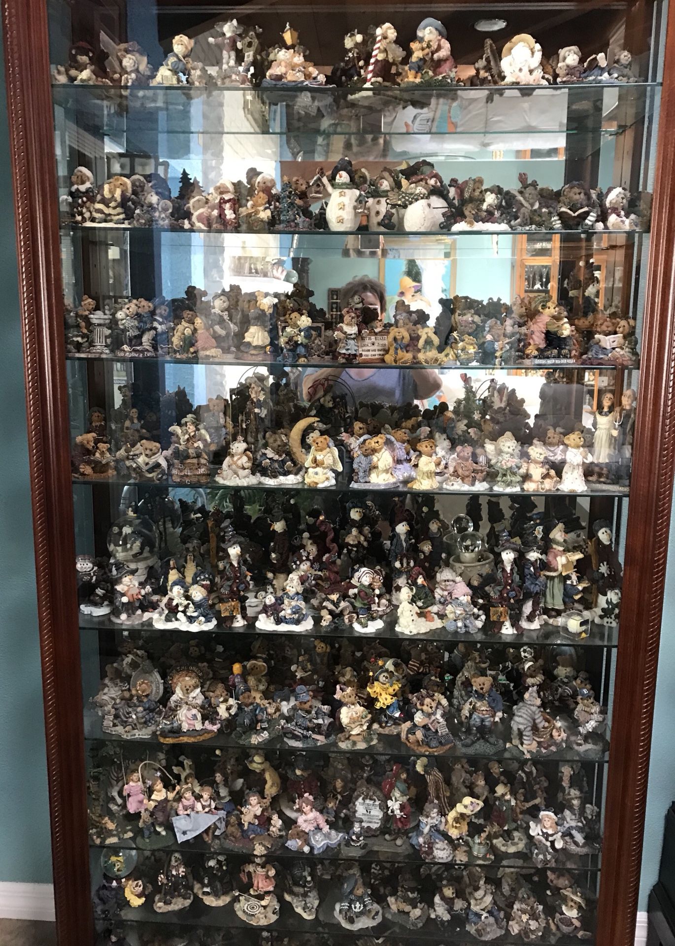 MAKE OFFER 8 shelf Curio Cabinets solid wood $1000. Each with entire Boyd Bears Collection