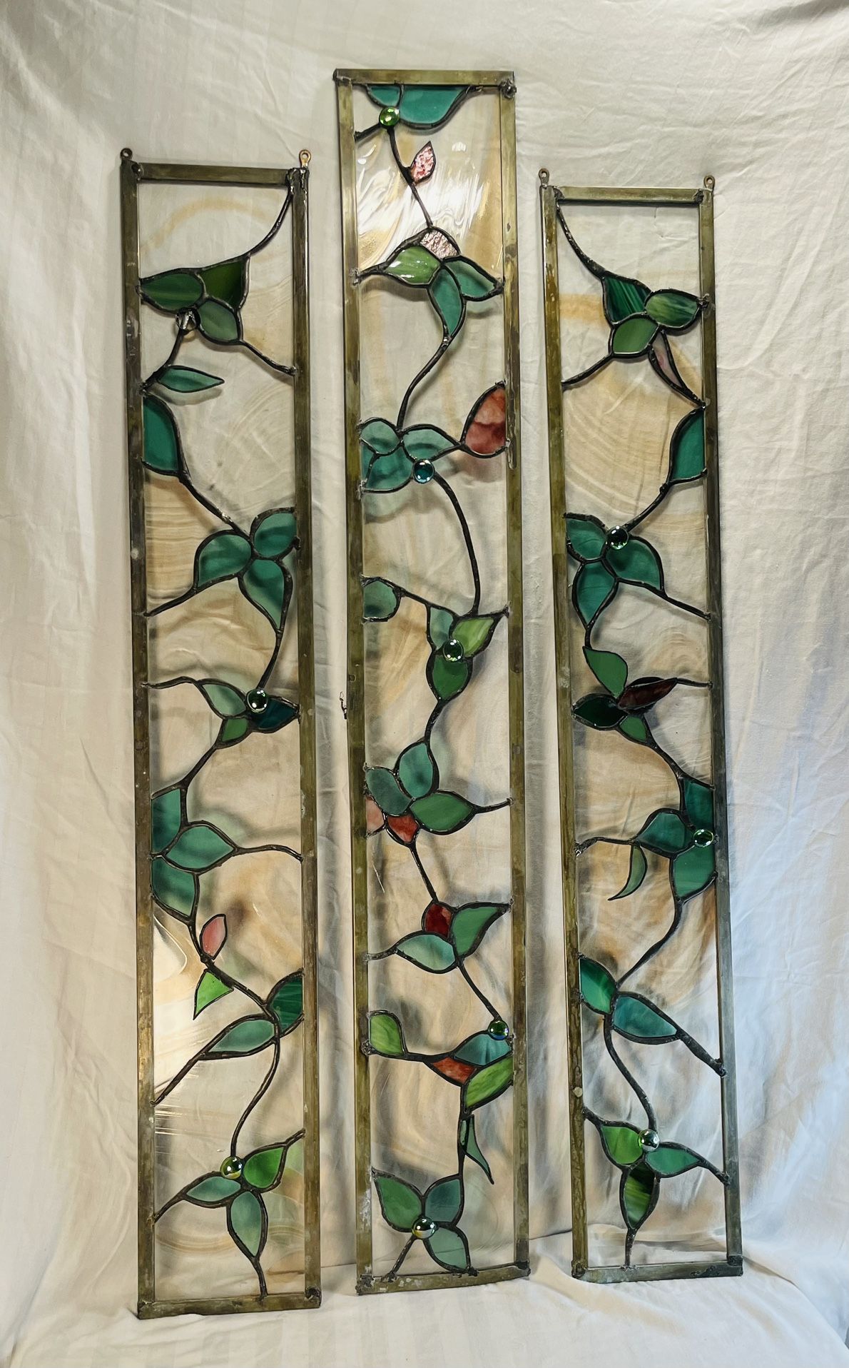 Vintage Stained Glass Sidelight Panels, Spectrum and Baroque Glass, Cabochons