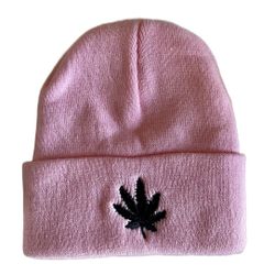 Brand New Pink Leaf Embroidery Beanie Hat Adult Size 