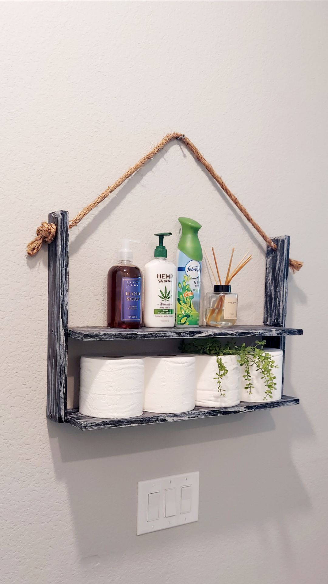 🌱2 Tier Solid Wood Manila Rope Hanging Shelf ::: 16"H X 23"W X 5-1/2"D ::: Distressed Black/Silver Drop