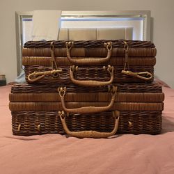 Vintage Boho Cottage Rattan Woven Wicker Nesting Suitcases Picnic Baskets