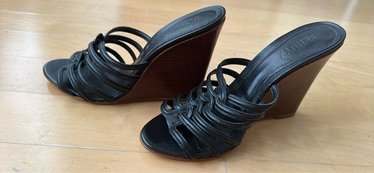 Schutz Black Leather Strappy Wedge Mules