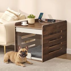 Dog Crate Furniture with Charging Station, Medium Kennel Indoor with Flip-up Hidden Acrylic Door, for Small and Medium Dogs up to 45 lb, Pet Side End