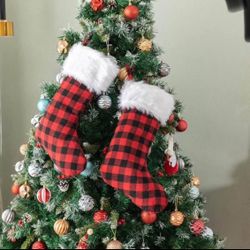 Christmas Stockings Large White Faux Fur Red and Black Buffalo Plaid Stocking 2Pcs 20inches
