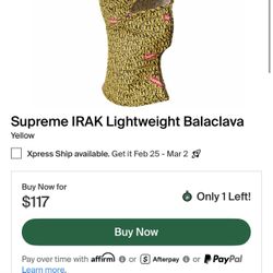 Supreme IRAK Lightweight Balaclava Yellow BRAND NEW 
