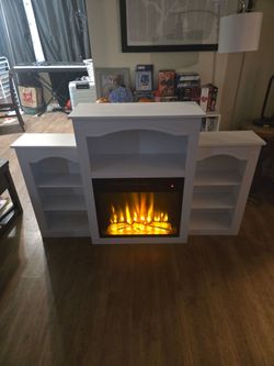 White Electric Fireplace Mantel with Bookcases
