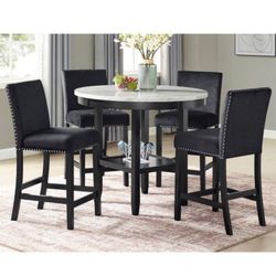 5-Pc Round Dining Table Set W/Mid Shelve & Upholstered Velvet Seating