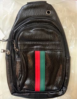 Black Leather Sling Bag with Stripe Detail