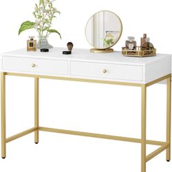 White and Gold Desk with 2 Drawers, Modern Makeup Vanity Desk