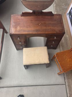 Vintage Wooden Vanity Desk with Mirror and Stool