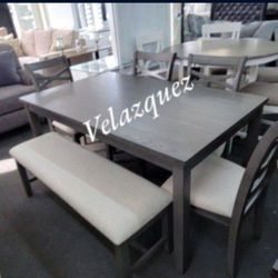 ✅️✅️6 pc grey finish wood dining table set padded seat chairs and bench ✅️✅️