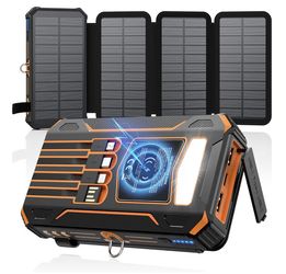 Solar Charger Power Bank - 48000mAh Wireless Portable Charger Built-in 4 Cables and 4 Solar Panels, PD QC 3.0 Fast Charging USB C Battery Pack with Fl