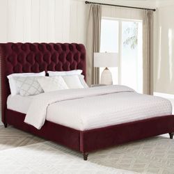 Frane Calking Wine Red Velvet, Butyon Tufted, Solid Wood, Others. Foundation Required. New Especial Price